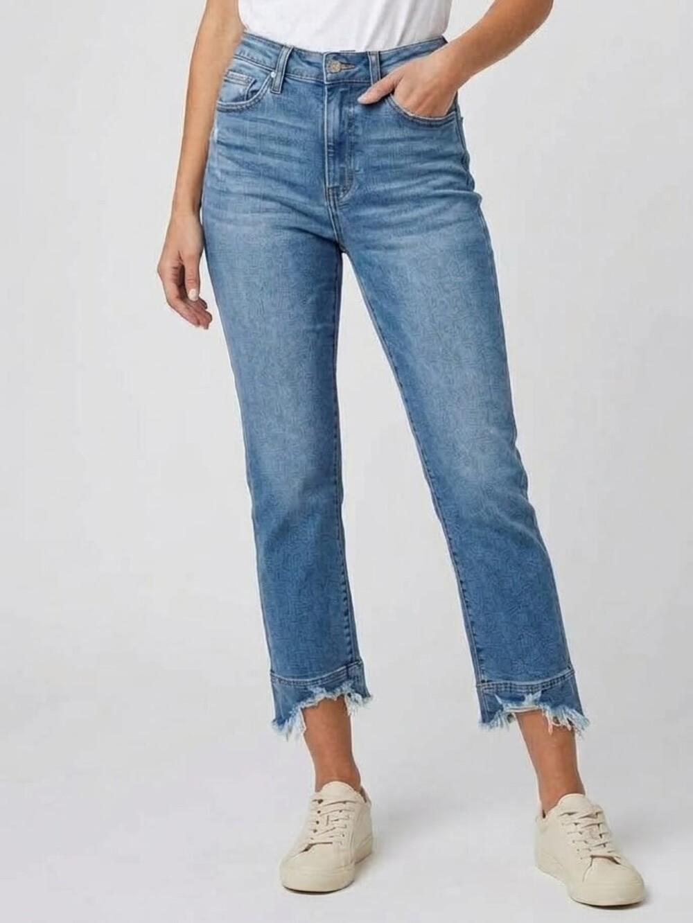 Kancan Women 5/26 Medium Wash Stretch High Rise Straight Leg CROPPED Denim Jeans